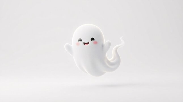 A charming and adorable 3D rendered cartoon ghost floating happily against a clean white background