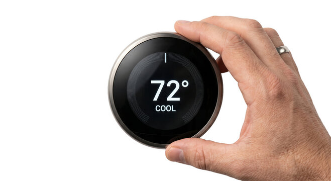 Hand adjusting a smart thermostat to set the temperature to 72 degrees Fahrenheit