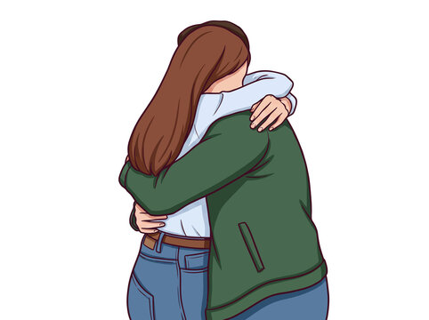 Emotional hug between two friends, supportive embrace of young women, comforting gesture of friendship and empathy, isolated illustration on white