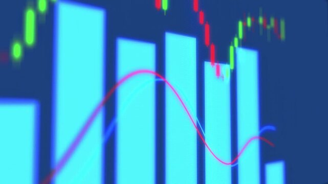 Financial stock market data chart with glowing blue bars, digital trading candlestick graph, abstract business growth and investment analysis background