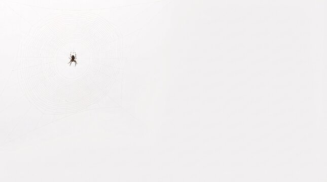 A solitary spider sits motionless at the center of its intricately woven circular web against a clean and bright white background
