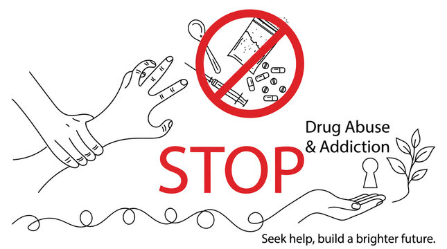 Stop drug abuse and addiction concept, anti-drug campaign poster with line art illustrations, substance abuse prevention and recovery awareness