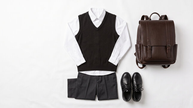 Neatly arranged boy's school uniform set with shirt, trousers, and accessories on white background during back to school season Back to school 1st Septembe