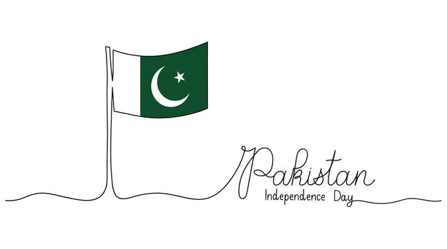 Pakistan Independence Day celebration banner, minimalist one line drawing of Pakistan flag, elegant continuous line art with national holiday typography