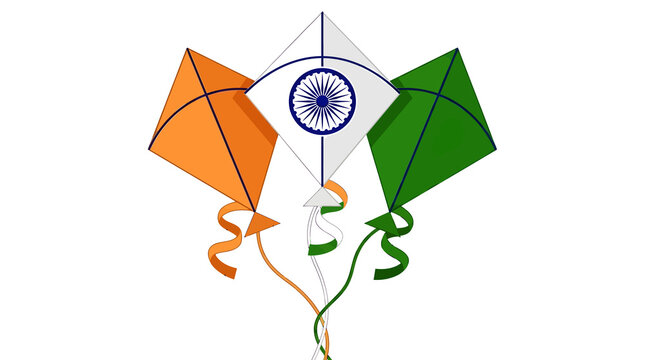 Indian tricolor kites with Ashoka Chakra, patriotic saffron white and green flying kites, national flag colors for Independence Day celebration