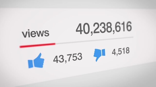 Social media video view counter with 40,238,616 views, digital interface showing thumbs up and thumbs down icons, viral content engagement metrics