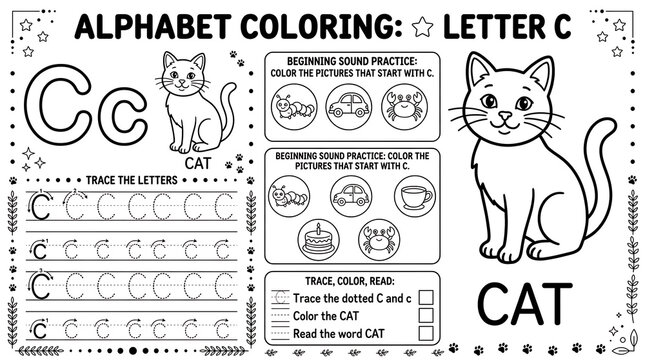 Alphabet Coloring Worksheet Letter C for Kids | Printable Preschool Tracing, Beginning Sound Practice, Cat Coloring Page, Homeschool Activity
