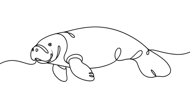 Minimalist manatee line drawing white background.