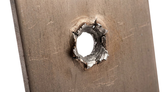 Close-up of a jagged hole in a textured metal plate with a white background