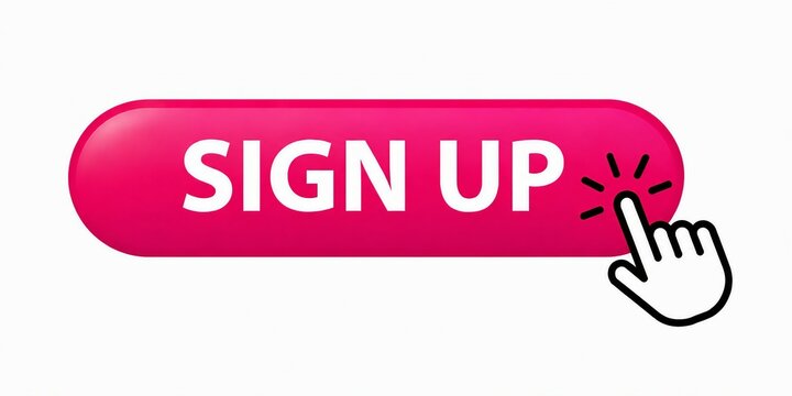 Bright pink sign up button with click effect and finger pointing