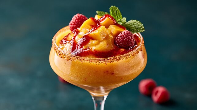 Frozen mangonada in a crystal coupe with chamoy, chili-lime rim, fresh mango cubes, raspberries, and mint