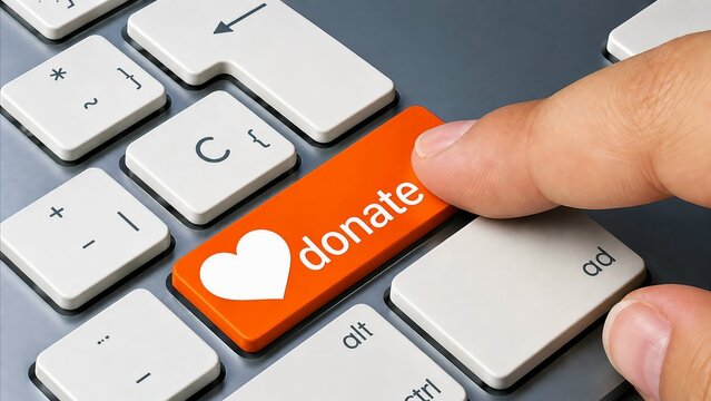 Hand pressing orange donate button on keyboard with heart icon