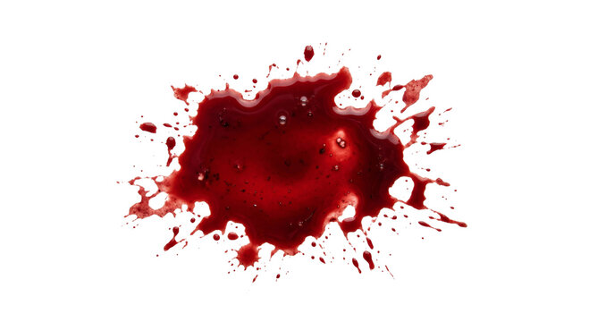 A dark red blood splatter with small droplets and bubbles on a white background