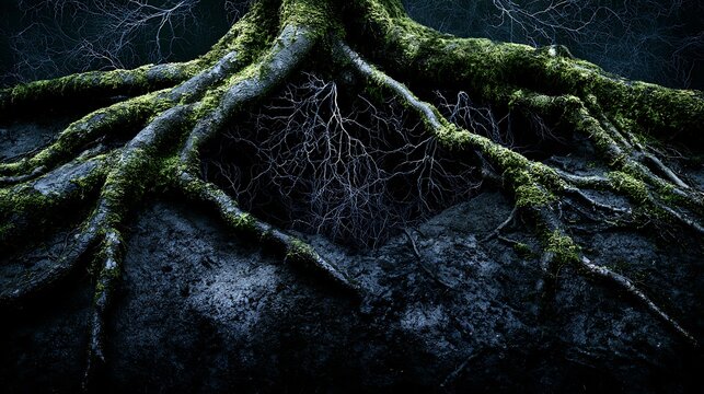 Prompt: A conceptual fine-art landscape. Gnarled, mossy tree roots spreading across a dark damp earth floor are double exposed with the intricate, branching structures of dark deep-sea coral 