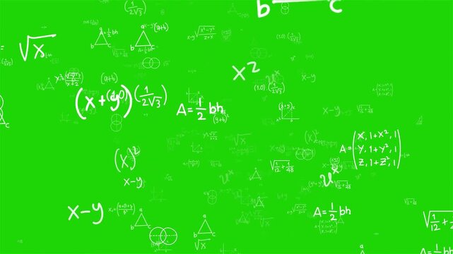Mathematical formulas and physics equations on green screen background, white scientific calculations flying in space, algebra and geometry theory