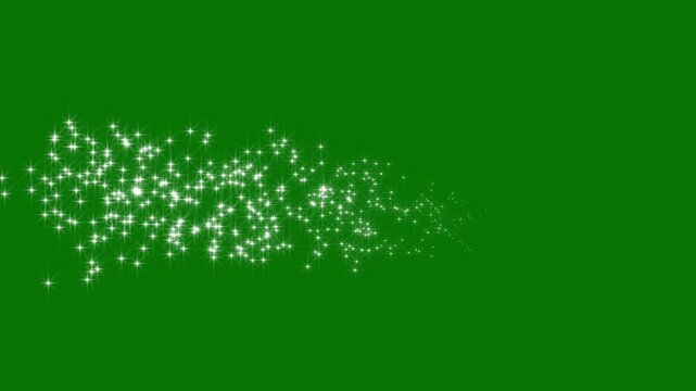 White glowing twinkle stars animation with sparkling glitter dust trail, blinking retro vector star  fairy dust wand glitter stars trail green transition on alpha channel loop 4k video.
