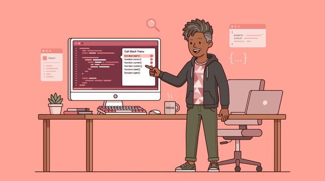Web Developer Explains Code on Computer Screen, Workspace Setup