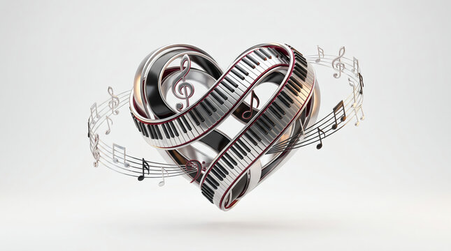 Heart shaped musical film strip with floating music notes isolated on a clean white background