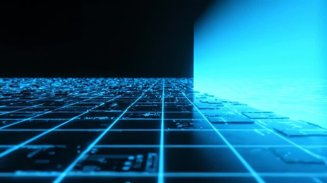 Futuristic Blue Neon Grid Moving Forward on Dark Background, Digital Circuit Pattern Animation