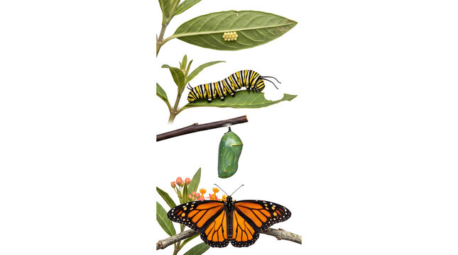 Detailed macro views of a butterfly life cycle including egg larva pupa and adult stages
