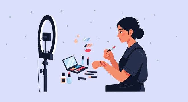 Woman applying lipstick during makeup tutorial with ring light and cosmetic products