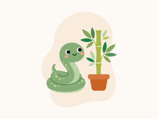 Fototapeta premium Cute green snake sitting next to a bamboo plant in a pot, minimalist kawaii style illustration