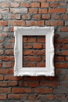 frame white rococo rectangle, simple weathered frame on exposed red brick wall, photorealistic.png