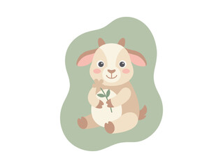 Fototapeta premium Adorable Baby Goat Illustration Holding a Leaf on a Soft Pastel Green Background for Nursery Decor