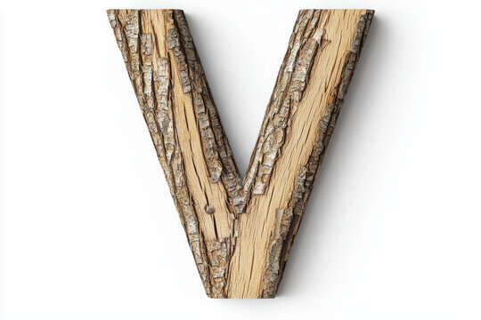 Wooden letter V with tree bark texture, showcasing natural elements and rustic charm, perfect for creative designs