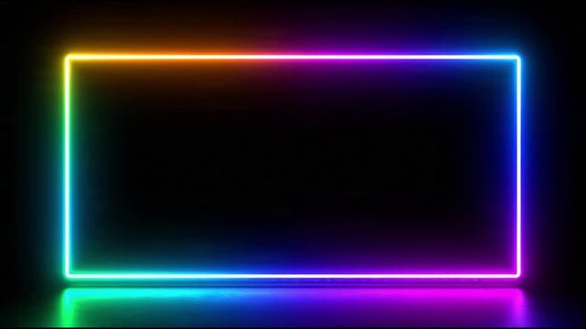 Vibrant Rainbow Neon Rectangle Border Glowing on Dark Floor Animation