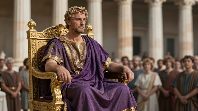 Roman governor Pontius Pilate sits solemnly upon his ornate golden throne, surrounded by a crowd of witnesses in an imperial hall with towering columns.