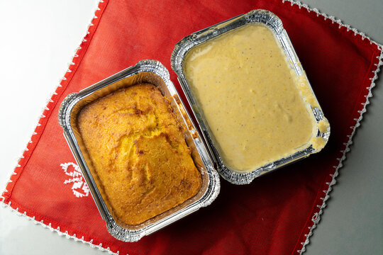 Comparison of Raw Batter and Baked Sopa Paraguaya Cornbread Containers