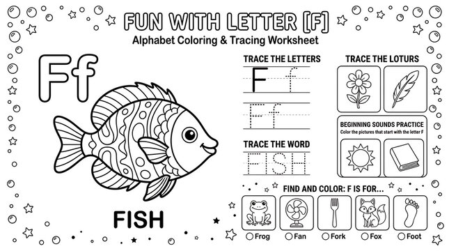 Letter F Alphabet Coloring & Tracing Worksheet for Kids  Printable Fish Coloring Page, Phonics Practice, Preschool & Kindergarten Activity