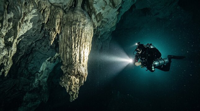 Underwater cave exploration, a diver with a bright flashlight illuminating ancient stalactites in a dark cenote. Mysterious cavern diving adventure, exploring deep natural limestone formations.