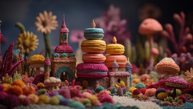 a colorful and whimsical scene made of macarons, flowers, mushrooms, small buildings