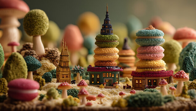 a colorful and whimsical scene made of macarons, flowers, mushrooms, small buildings