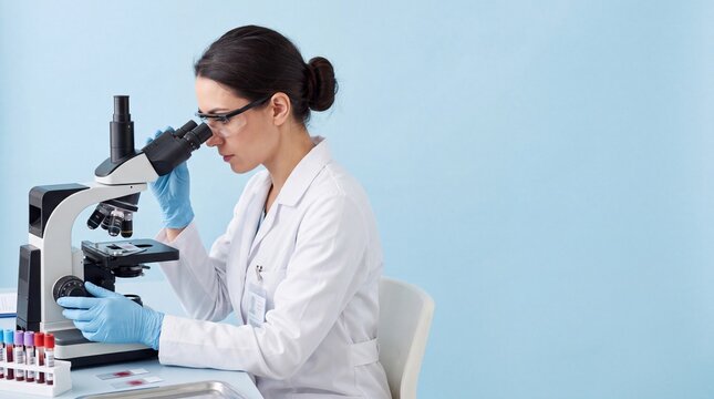 A female scientist in a white lab coat and blue gloves looking through a microscope in a ad social media download thambnail poster web template event festival 2026 2027 2028