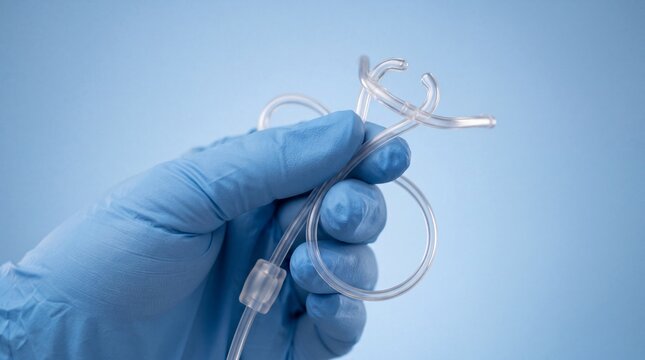 A hand wearing a blue medical glove holding a clear plastic nasal cannula oxygen tubing set ad social media download thambnail poster web template event festival 2026 2027 2028