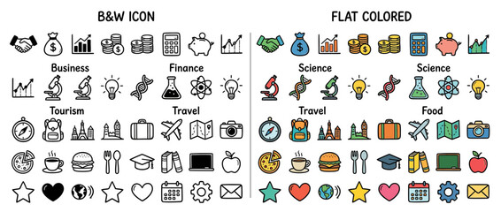 Obraz premium Collection of Flat Icons for Business, Finance, Science, Travel, and Food