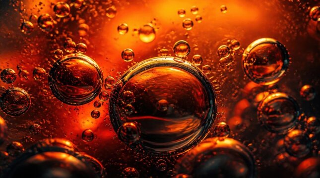 Bright Orange Bubbles Floating in Liquid
