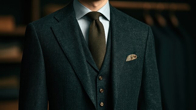Man wearing dark suit vest tie and pocket square close up