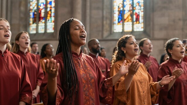 A diverse gospel choir sings passionately inside a grand cathedral illuminated by colorful stained glass windows.