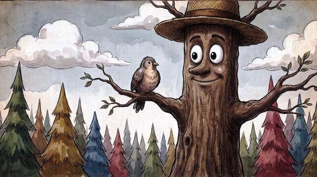 Charming cartoon tree character with straw hat and big eyes stands in forest with bird.