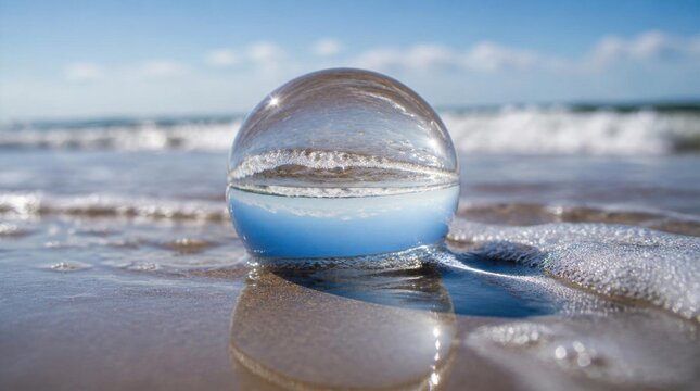 Clear Glass Sphere on Wet Beach with Reflected Ocean