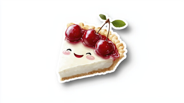 Cute slice of cherry pie with smiling face, topped with cherries and leaves, perfect for stickers and decorations