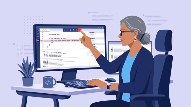 Senior woman coder develops software on computer, focused on screen.