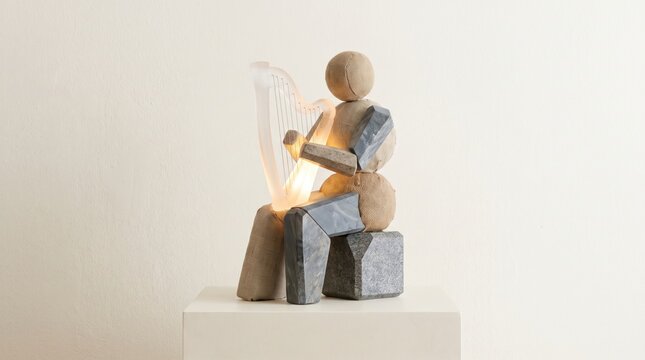 Creative mixed media sculpture of seated figure playing illuminated harp made of fabric and marble.