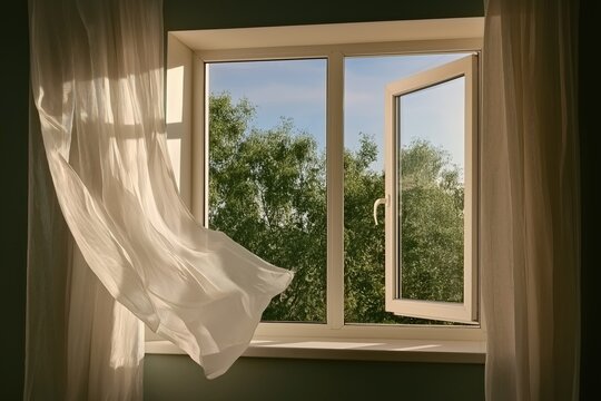 Open white casement window with sheer curtains blowing in the breeze