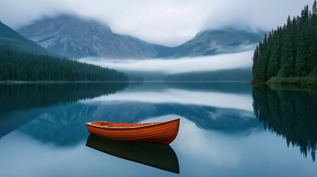 Orange wooden rowboat floating on a calm mountain lake with misty peaks
