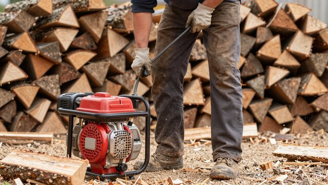 A worker uses a log splitter engine to split firewood outdoors, surrounded by stacked logs and sawdust.